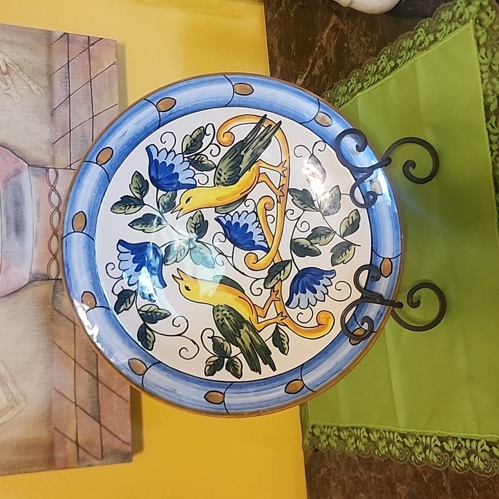 Hand-Painted Ceramic Wall Plate in Blue, Yellow & Green